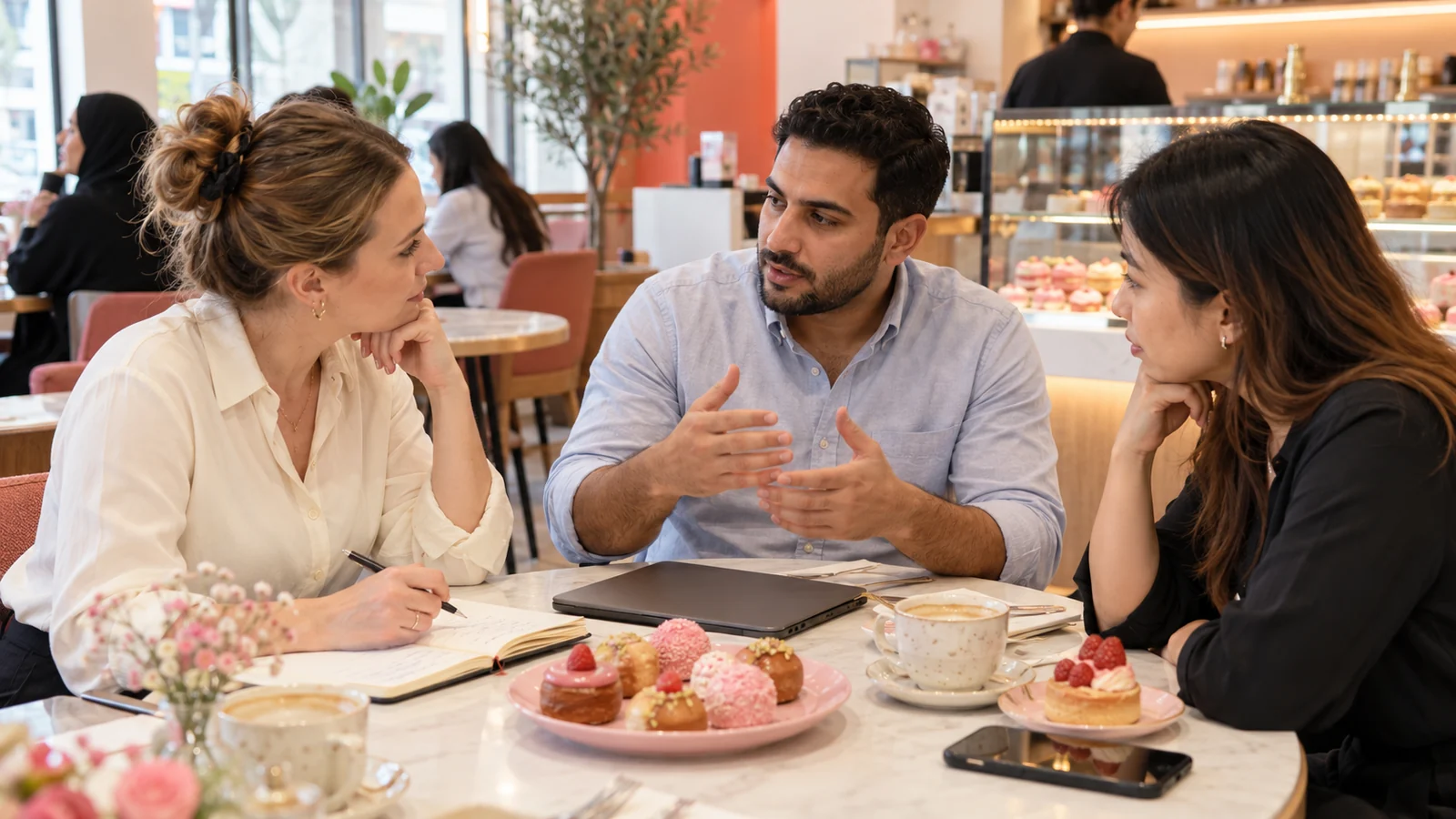 Café owner discussing business priorities with consultants