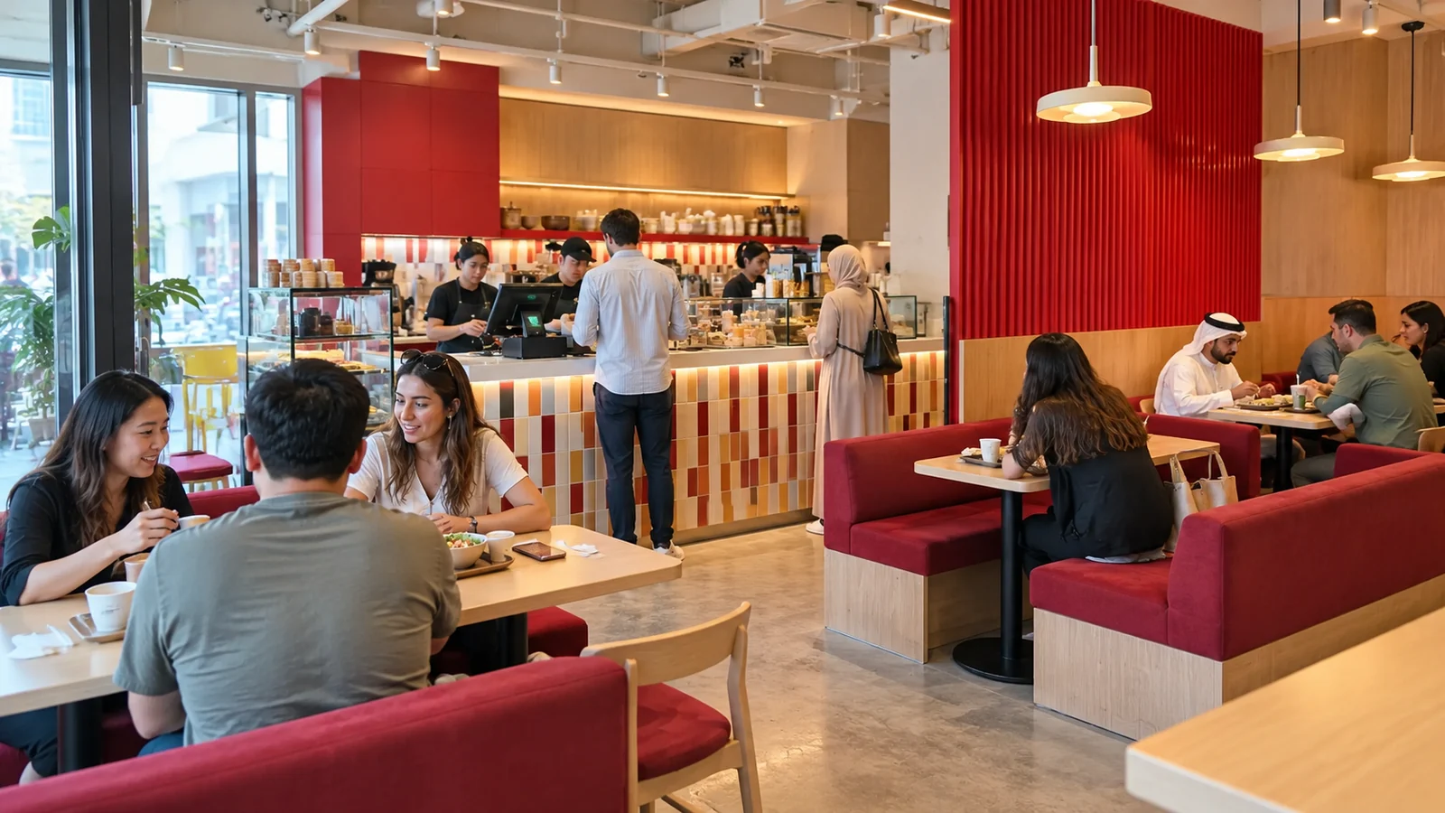 Contemporary café interior with guests and a working service team