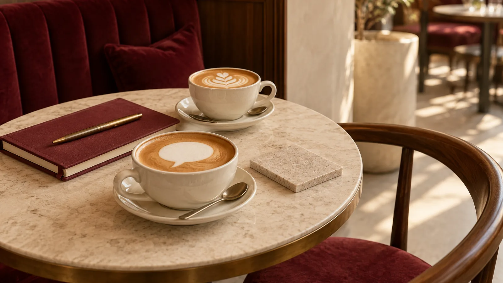 Two cups of coffee and a notebook on a café table, ready for a conversation