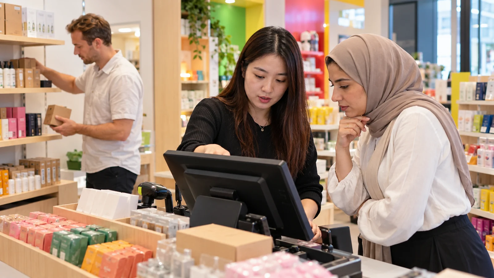 Retail team reviewing point-of-sale systems and inventory operations