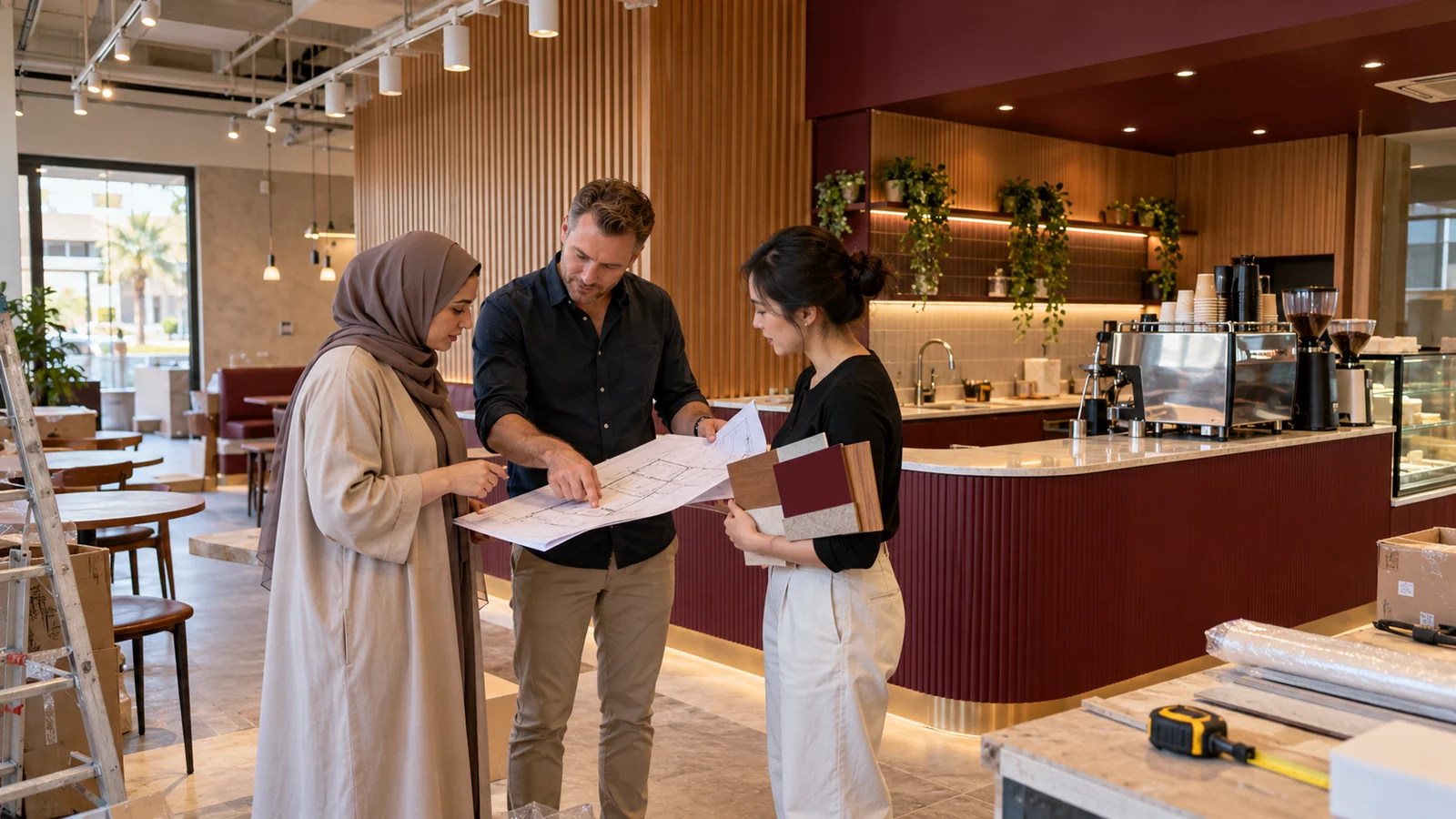Client and project team reviewing plans and finishes in a café fitout