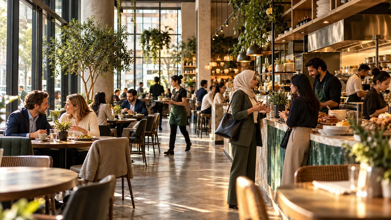 busy restaurant scene with food, guests and an F&B team