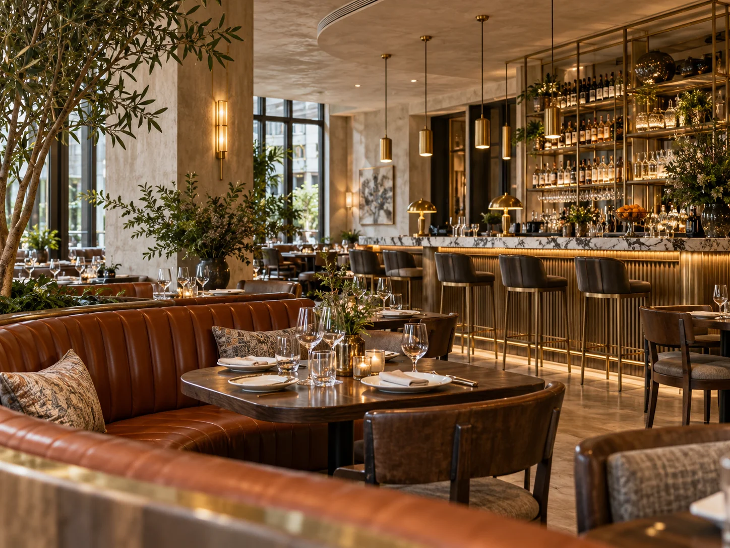 Premium restaurant interior with leather banquettes, carefully set tables and a marble bar