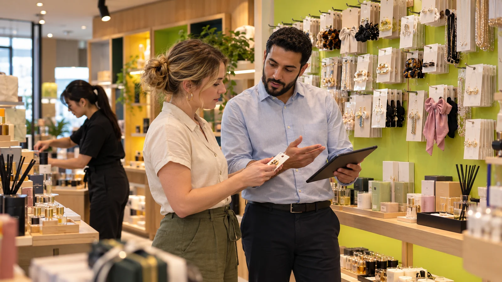 Retail owner and advisor reviewing merchandising and product displays